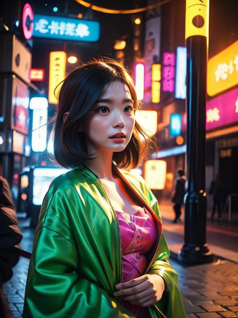 a pretty woman in a neon firegami dress in the streets, hdr pro digital studio portrait, young, front, highly detailed, clear, high quality, hyper-detailed, 4k, ultra smooth, cinematic lighting, lighting on the face, pink glow