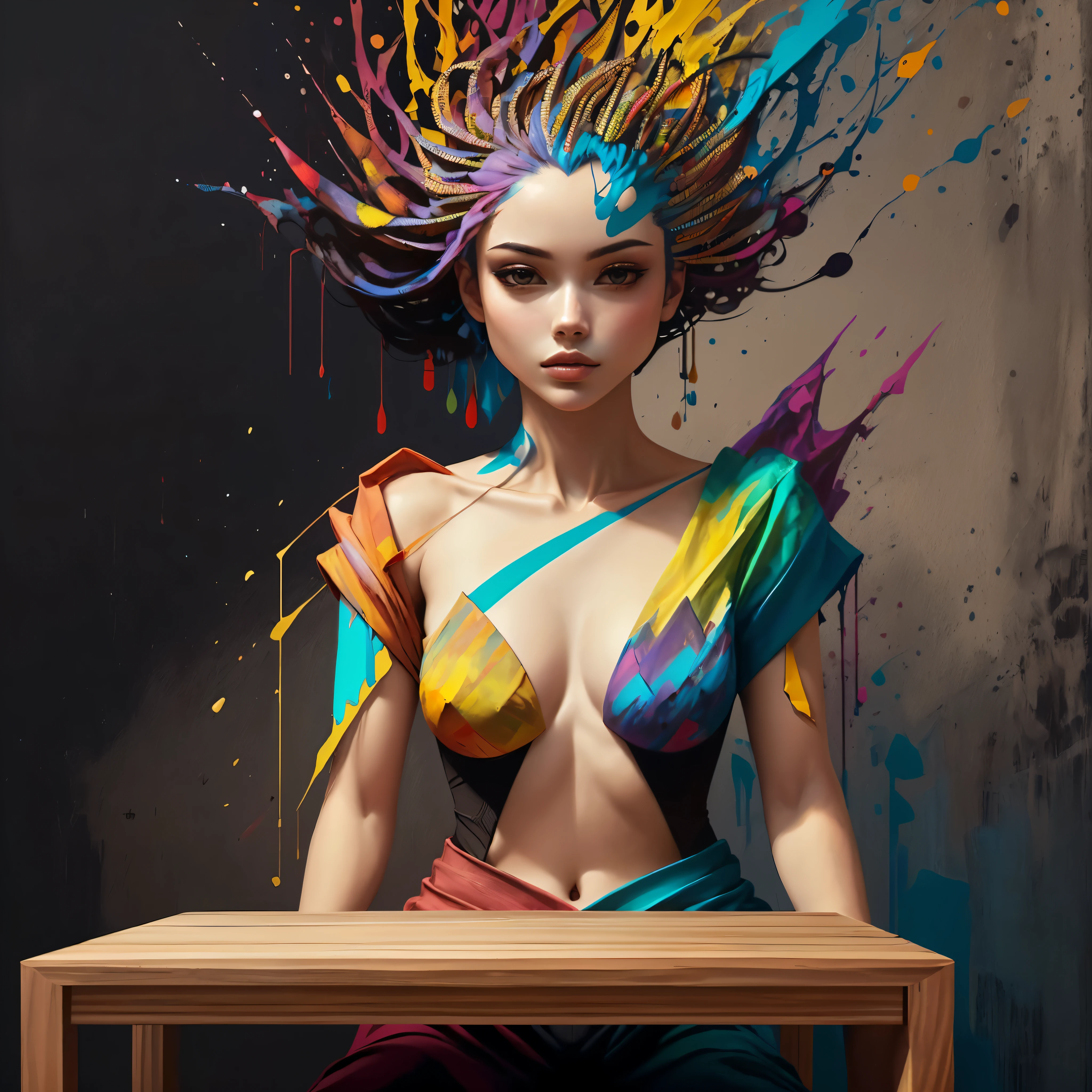 (Mulher magra  usando roupas de couro ,sitting on table),,  Eduardo Kobra acolchoamento , Multidimensional geometric wall, retrato, arte, Chibi,
Yang08k, lindo, Colouring,
Primary works, qualidade superior, melhor qualidade, Arte Oficial, Beautiful and Aesthetic, melhor pose,