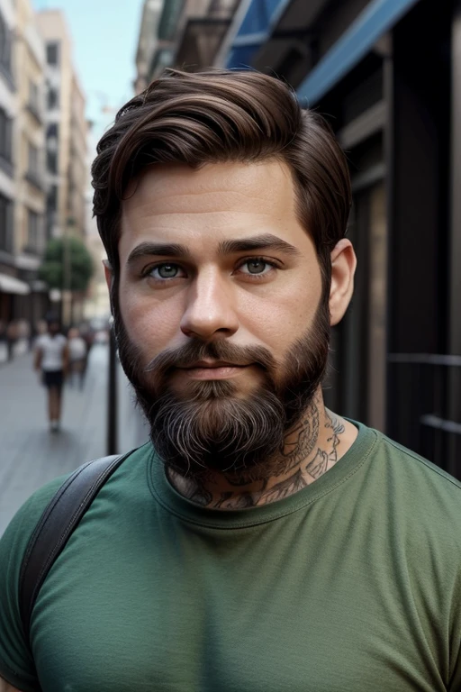 Cria um homem com tema 3D Disney/Pixar aos 34 anos com barba, medium brown hair like green eyes , with an iPhone 15 in his hand with street background and with tattoos