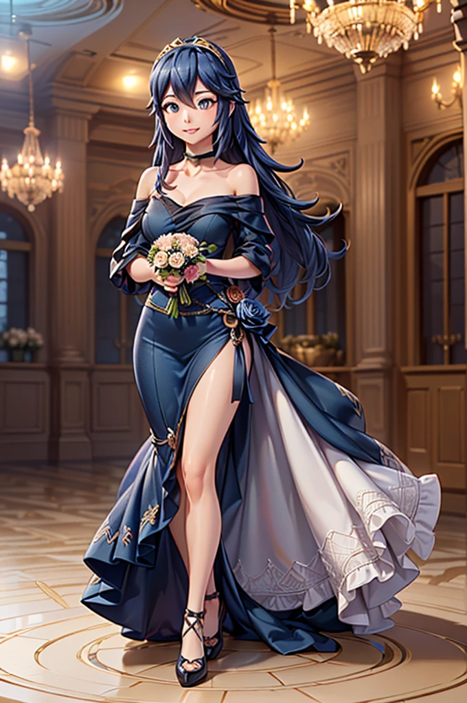 gran calidad ++ Extremely detailed high resolution, very aesthetic, ojos expresivos, (((Cara perfecta))), (((face symmetrical))), ((good anatomy)), (((manos perfectas))), (((8k))), UHD, Fondo de pantalla HD, (((alta calidra detallada, (((1girl))), ((((cuerpo completo)))), emblema de fuego, Emblema de fuego Despertar, (((Lucina))), Lucina Emblema de fuego despertar, (((holding a bouquet of blue roses))), ((((Midnight blue off-the-shoulder dress that perfectly hugged her slender figure and then descended into a flowy floor-length skirt)))), (((The sweetheart neckline was adorned with brilliant sapphires in harmony with the jeweled tiara.))), (((Majestic Eveninajestic Castle Ballroom))), (((pechos enormes))), (((Sonrisa inocente))), ((((salulando)))),