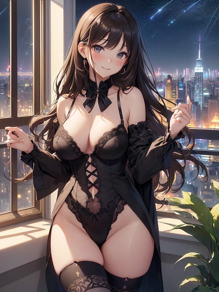 top-quality、Top image quality、​masterpiece、Angle seen from the side、beautiful gothic woman((20yr old、Best Bust、big bast、Bust 90,Beautiful long hair、A slender、a closeup、Esbian、Beautiful underwear、hiquality、Beautiful Art、Luxury hotel in the city、masutepiece、visualart、depth of fields、、、🎵、Happy smile、、、Beautiful legs that are gentle on the skin、、Number of fingers to achieve precise finger movements、nffsw、nffsw、Kime Pose！Brown hair、、her clothes are black underwear、Fine embroidery、Beautiful pattern、Racing、Feet in black stockings、How about？seductiv、Spread the legitimate starry sky out to the window、beautiful night scene、Sexy mood、Sexy Night.nffsw、Skin-tight sexy leggings and black stockings、Standing in front of the night view of the city covered entirely in glass、nsfw