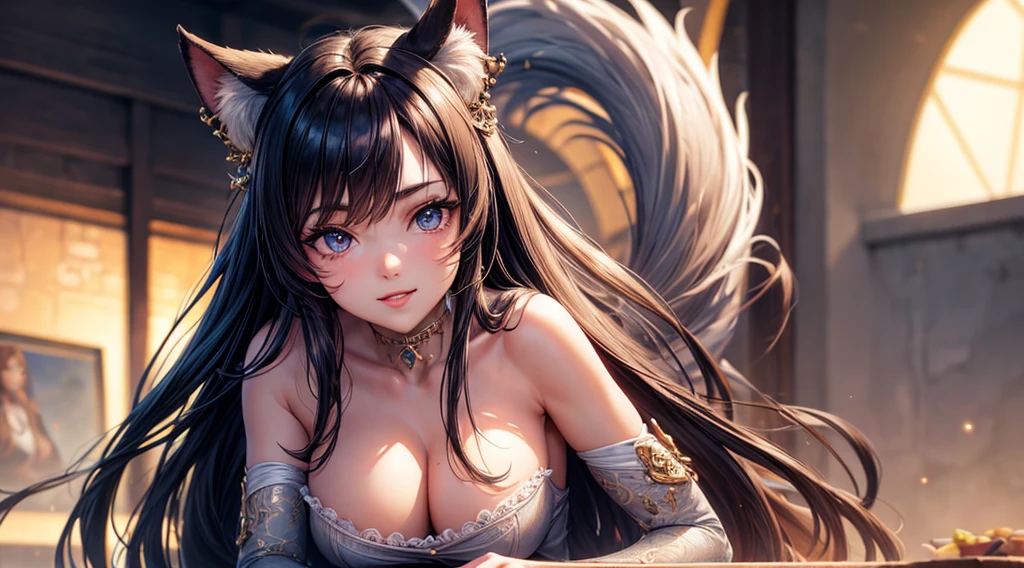 Cinematic footage, full medium closeup, a gorgeous 18-year-old kemonomimi woman soft pale skin, cute and youthful face, well-defined eyebrows, delicate nose, plump and round lips, ultra-detailed,
photo-realistic, depth of field, cinematic lighting, IMAX camera, HDR, DTM, Full HD, 8k, flared, medium breasts, slim, smile, standing, 8K picture quality, sexy seduction, realistic:1.37 long, flowing:1.1 luscious, plump:1.1
sparkling sequins:1.1 subtle, 0.9 soft, warm:1.1 best quality,4k,8k,highres,masterpiece:1.2, realistic,photorealistic,photo-realistic:1.37, ultra-detailed:1.1 busty animal ears, beautiful, detailed ears:1.1 best quality, 4k, highres,
masterpiece:1.2 detailed, piercing eyes:1.1 4k, 8k, highres, masterpiece:1.2 very three-dimensional: 1.2, (3D:0.5,realistic:0.5,photorealistic:0.5), (Sharp focus: 1.5), (sharp focus:1.2), (beautiful face:1.1), (eye makeup:1.2), (tight body:1.2), ((Masterpiece)), (highest quality))), ( Masterpiece:1.2), (Best Quality:1.3), (8k, best quality, masterpiece:1.2 ((masterpiece, best)), (best illustration)