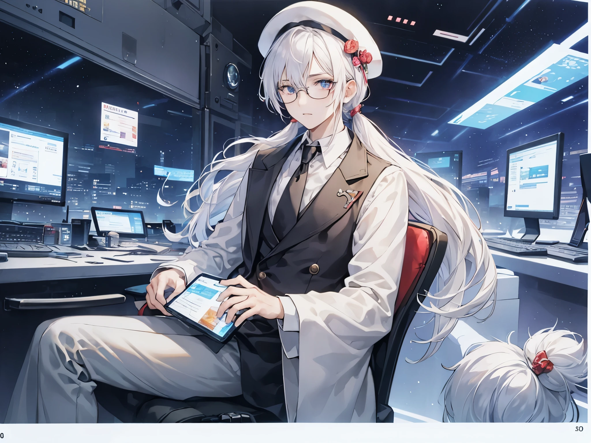 （masutepiece）（high-detail）20s male android、Male Solo、white  hair、poneyTail、Hats、tailcoat、neck tie、He wears round glasses with no rims（Eyes closed）、sitting on a chair that looks like a large machine、Chairs are connected by multiple cables（Connected to a machine like an external hard disk）、Background with（An electronic world that feels like science fiction、Virtual space、near future）