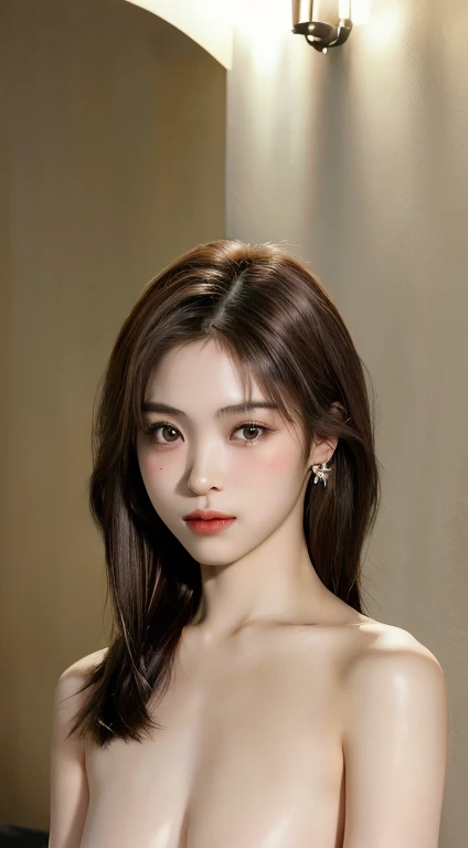 ((nighttime scene、Realistic light、Top image quality、8k、​masterpiece:1.3))、1girl in、Slim figure beauty:1.4、(Brown hair、middlebreast:1.3)、Off-shoulder cut top:1.3、sofas、Super detailed face、detailedeyes、二重まぶた、(((Upper body naked)))