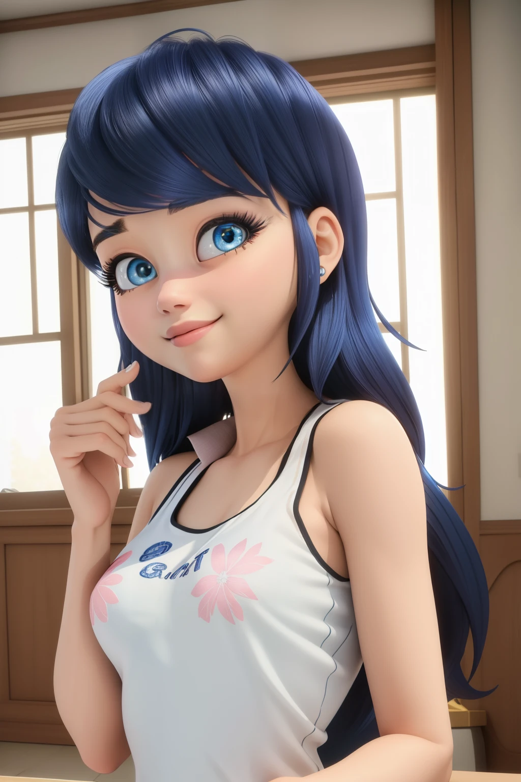 (8k, RAW photo, best quality, masterpiece:1.2), (intricate details), perfect eyes, perfect face, perfect lighting, beautiful, (masterpiece:1.2), (best quality:1.2), 1girl, solo, marinette, blue hair, long hair down, adult torso, ************, slight smile, medium sized breasts, white sleeveless shirt, pink sweatpants