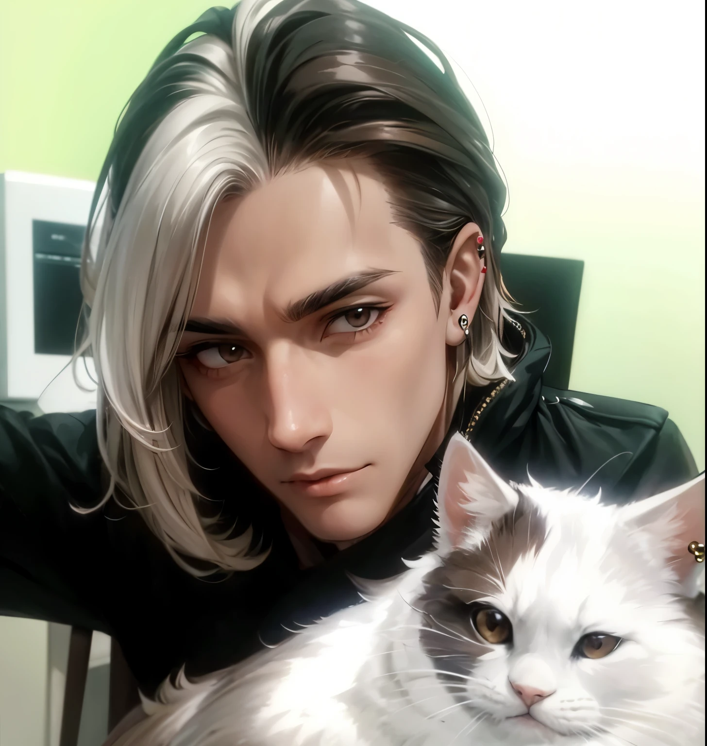 man, 25 years old, brown medium split hair, white streak, brown eyes, black overcoat, ear piercings