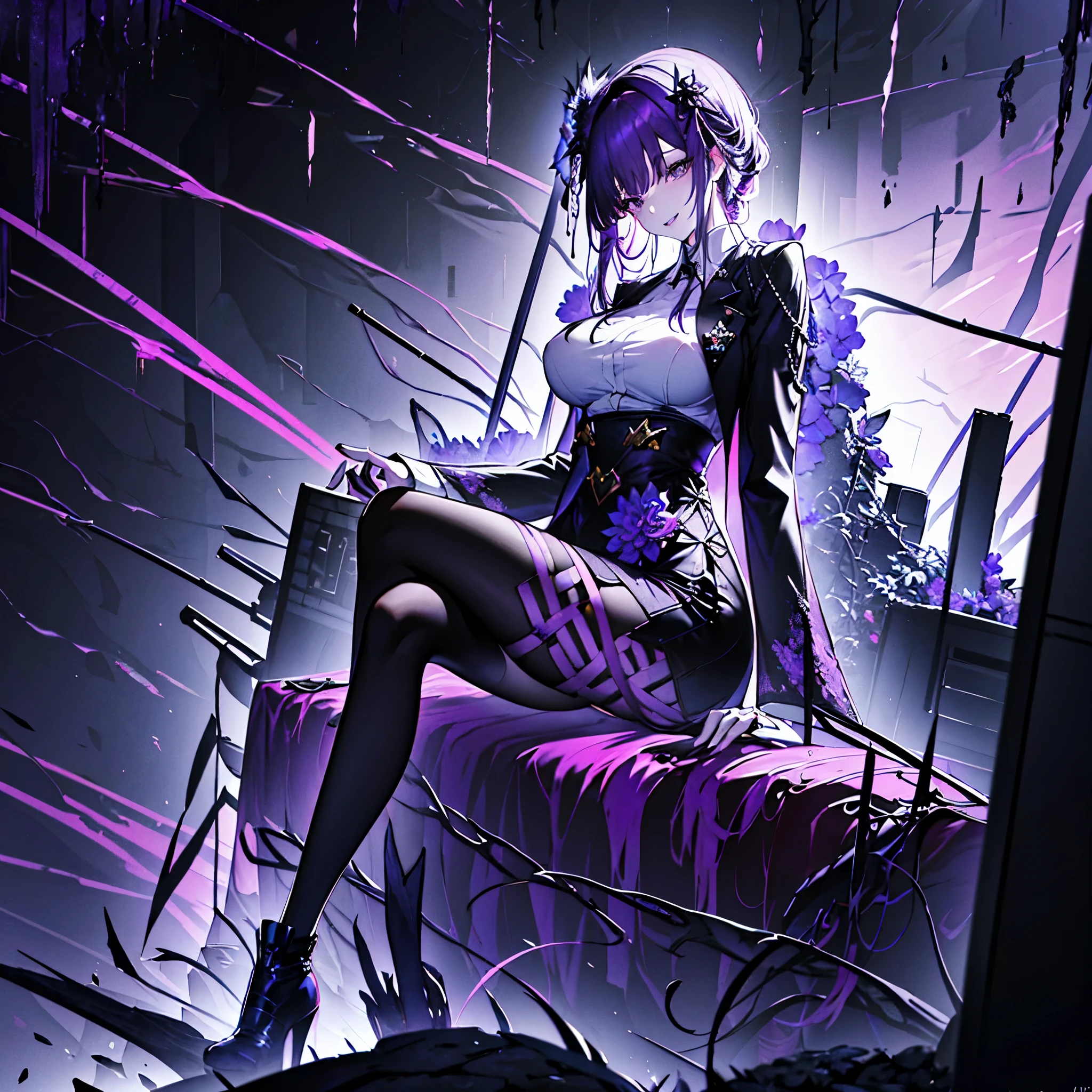 Highest resolution, 8k, ultra detailed outfit, ultra detailed digital illustration, trending on pixiv, (1 girl, solo, mature woman), dark purple hair with silver tips, large breasts, black eyes, (black veil, saw-tooth teeth, jagged teeth), elegant blue blazer, white blouse, deep V-neck, (black stockings, black pantyhose, black boots), (black and purple flowers as hair accessories, black and purple flowers), crossed legs, sexy pose, milf, sitting on a chair, aberrant colours, barren lands as background, colour scheme of background is purple black and blue, light grin, evil aura, curvy waist, long skirt