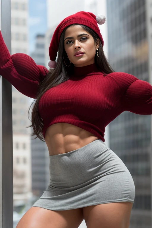 Viewed from below, Salma Hayek , Generate a full length fashion portrait of a heavily muscled iff pro female bodybuilder , her makeup, hair, she is dressed in a tight oil glossy sweater, tight miniskirt, white knee high socks, xmas hat, lighting, environment