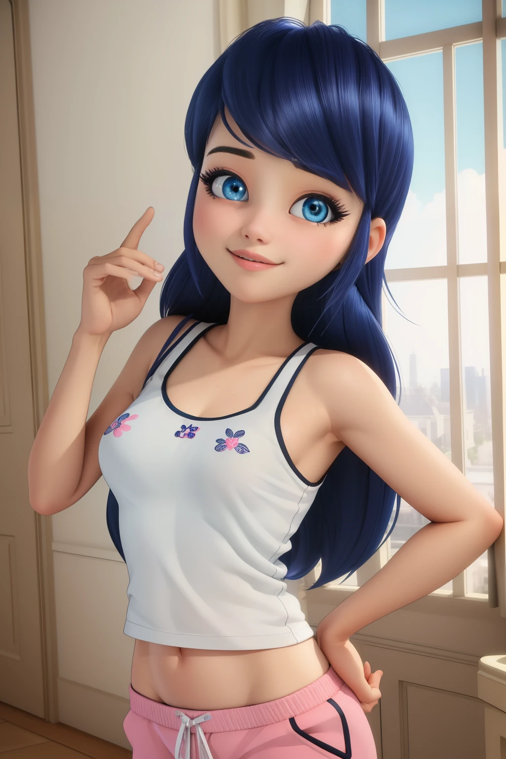 (8k, RAW photo, best quality, masterpiece:1.2), (intricate details), perfect eyes, perfect face, perfect lighting, beautiful, (masterpiece:1.2), (best quality:1.2), 1girl, solo, marinette, blue hair, long hair down, adult torso, ************, slight smile, medium sized breasts, white sleeveless shirt, pink sweatpants