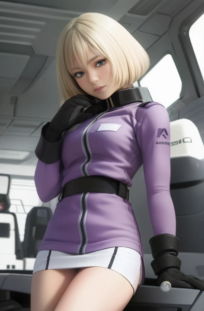 rialistic photo、Real Images、federal army miniskirt uniform、Ultra mini skirt、Panties are visible、Top image quality、1girl in, sayla mass, Elegant,Spread Leg,Show white panties, masutepiece, Convoluted,Ultra mini skirt、White panty、 Realistic, Best Quality, absurderes, high face detail, Perfect eyes, 18 years old, Cowboy Shot, , Vibrant colors, White uniform, A woman in a skirt posing for a photo wearing a skirt and a purple shirt, portrait anime space cadet girl, highly detailed exquisite fanart, cushart krenz key art feminine, Here is a very detailed orthogerm。, Renji Murata and Altgerm, ArtGerm. high detailing, style art germ haha, ArtGerm jsc