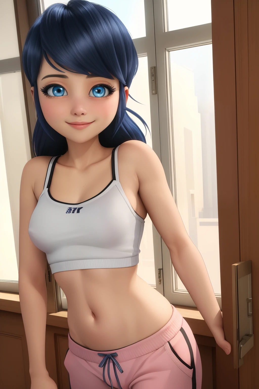 (8k, RAW photo, best quality, masterpiece:1.2), (intricate details), perfect eyes, perfect face, perfect lighting, beautiful, (masterpiece:1.2), (best quality:1.2), 1girl, solo, marinette, blue hair, long hair down, adult torso, ************, slight smile, medium sized breasts, white sleeveless shirt, pink sweatpants