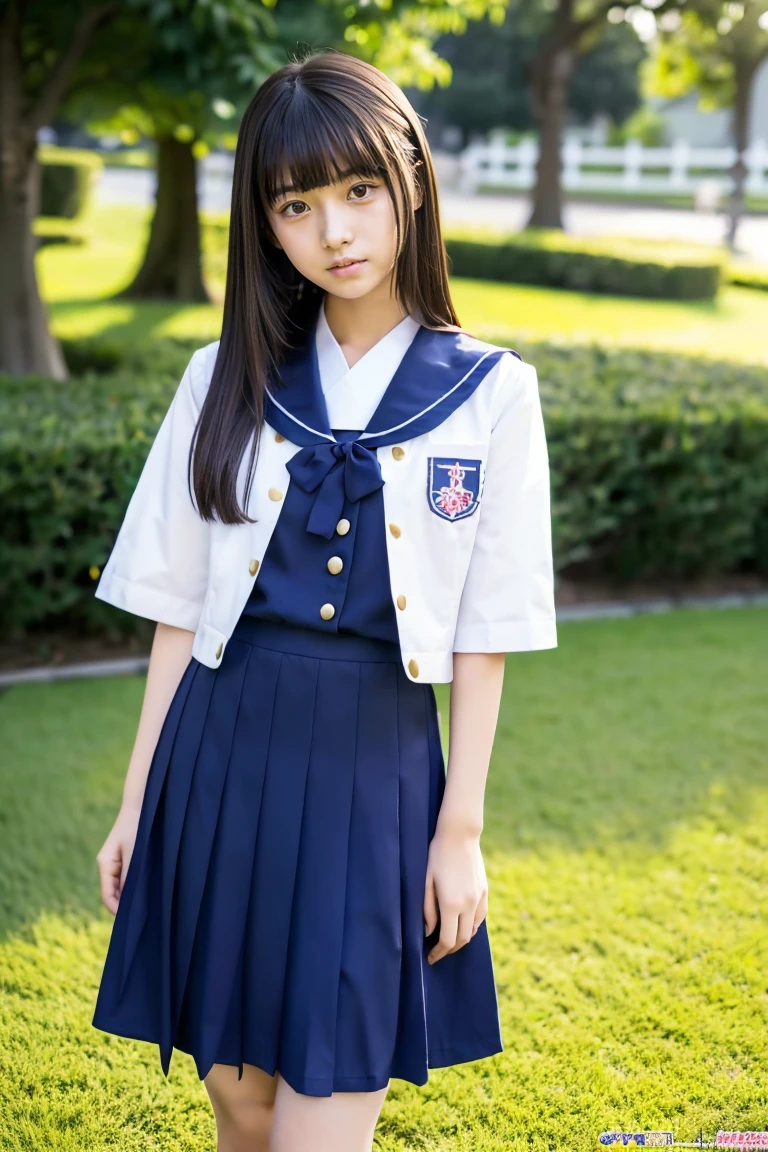 lawn、((Two beautiful Japan girls))、Two beautiful girls、Cute same school uniform、same blazer uniform、15yo student、Wistful expression、With bangs、Tall、Straight semi-long hair、((Long skirt to hide the knees))、((Navy long skirt below knee length))、early evening、the wind、Thin leg、Standing、put strength into your body、Short Bob、