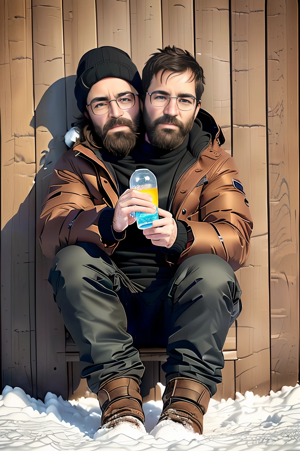 man, adiult, 40 years old,  middle aged, sitting,boot,hood,beard,snow,antarctica,cold,frozen, winter clothing , pensive, 8k, photography, realistic, Swedish, conjoined dicephalus, two heads, snowy wilderness in background, with stuff, holding a bottle of vodka