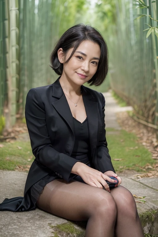 ((1人の女性,The most beautiful faces in Japan,40 years,Old face,A MILF,There are wrinkles at the corners of the eyes,a park,Shot up close,Looking at the camera,View here)),((((Black shirt,Black suit jacket,Black skirt)))),((pearls necklace,Classy hairstyle,natural make up,The chest is very bulging,Smile here,Lowered eyebrows,drooping eyebrows,Staring at them with an adorable expression,stand in front of a bamboo forest,Wearing black high heels,Looking at the camera,look at a camera,Take a photo above from your lap)),((Turn to this,View here,Perfect fingers,perfect arms,细致背景,top-quality,The ultra -The high-definition,Perfect Anatomy,high-definition RAW color photography,professional photograpy, extremely delicate and beautiful, Extremely detailed,finely detail, Huge file size,Top image quality,8K,Award-Winning Works,masutepiece)),(((Black pantyhose:1.3,Her pantyhose is transparent and her thighs are visible......))),(remote Play:1.5), remote_vibrating, (Others hold the hand of the switch:1.3,