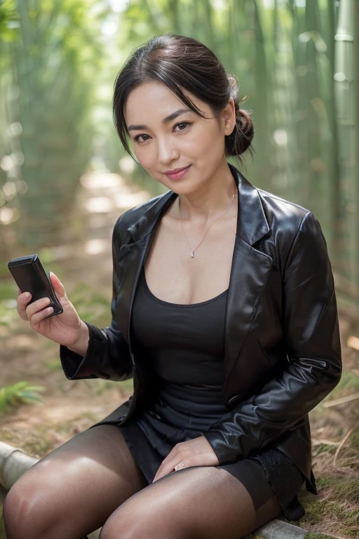 ((1人の女性,The most beautiful faces in Japan,40 years,Old face,A MILF,There are wrinkles at the corners of the eyes,a park,Shot up close,Looking at the camera,View here)),((((Black shirt,Black suit jacket,Black skirt)))),((pearls necklace,Classy hairstyle,natural make up,The chest is very bulging,Smile here,Lowered eyebrows,drooping eyebrows,Staring at them with an adorable expression,stand in front of a bamboo forest,Wearing black high heels,Looking at the camera,look at a camera,Take a photo above from your lap)),((Turn to this,View here,Perfect fingers,perfect arms,细致背景,top-quality,The ultra -The high-definition,Perfect Anatomy,high-definition RAW color photography,professional photograpy, extremely delicate and beautiful, Extremely detailed,finely detail, Huge file size,Top image quality,8K,Award-Winning Works,masutepiece)),(((Black pantyhose:1.3,Her pantyhose is transparent and her thighs are visible......))),(remote Play:1.5), remote_vibrating, (Others hold the hand of the switch:1.3,