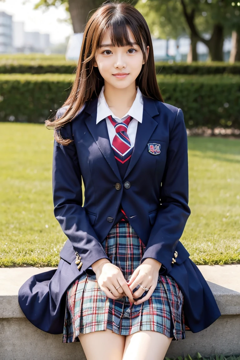 (8K), (highest quality: 1.2), (Realistic), (Realistic: 1.37), Ultra-high resolution, 1 girl, cute, (Embarrassed smile:1.2), (Blushing:1.5),Mouth closed, 赤いリップ,Beautiful details, Beautiful Nose, Wet Hair,bangs, giant dulcefo, pork, Thighs,Navel exposed,University Student Uniform,(A simple blazer),(Pleated skirt),(The skirt and tie are tartan check pattern.:1.3),(Platform boots:1.2), (sitting on a beautiful park bench:1.2),(reading a book:1.2),(Shiny Thighs:1.2),