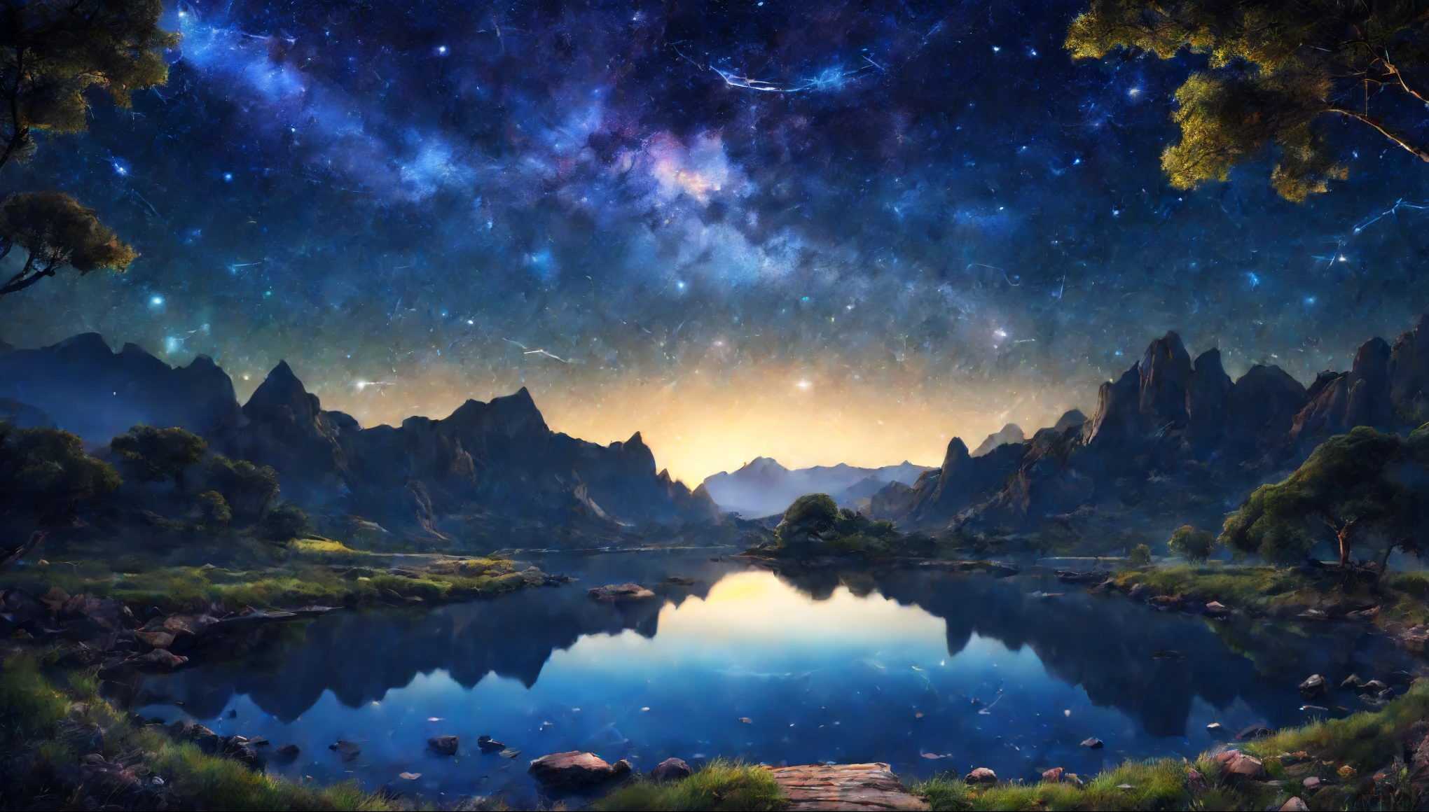 master part, gorgeous, Landscape, (((DDIM_HumaDDIMs))), Noite, flor, Jardim, Starry sky, constellations, atordoante, vista, water, quente, aconchegante, peaceful, Meteoro, cosmico, Magic, magia, particuls, Justo, ((Pirilampos))