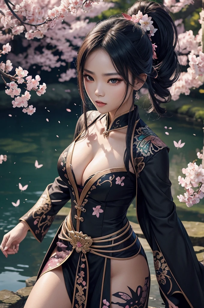 Extremely detailed and high-resolution masterpiece of Kocho Shinobu, the beautiful and deadly Demon Slayer in dynamic action. Add emphasis on the intricate details of her butterfly-themed outfit and the fierce expression on her face. Set the scene at twilight, with a serene pond and cherry blossom petals in the background. Use rich colors and volumetric light to create a sense of ethereal beauty and power.