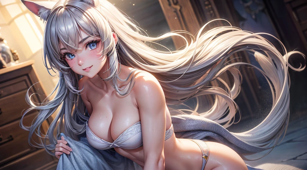 Best Quality,High resolution,8k,finelity detailed background,Masterpiece:1.2),beautiful girl,Glossy romance gray hair,asymmetrical hair,Gray eyes,Gentle look,A refreshing look,smile,Best quality,Best Quality,Aesthetic and aesthetic:1.2,Best details((Super detailed))(High-definition CG illustrations),Upper Body,Dark grey underwear,Slender body,night,moon,Bedroom,On the bed,smile,blush,cute,Scrounge,Looking up,Being spoiled,super model,wariza,shoot from,above