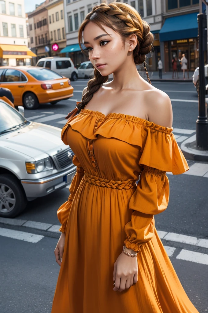 a woman posing on the street corner with orange dress on, best quality, 1girl, large breast, day, bright, blur background, bokeh, outdoor, (street:0.8), (people, crowds:0.8), (off-shoulder dress:1.2), gorgeous, (braided bangs:1.2), beautiful detailed sky, (dynamic pose:1.2), soft lighting, wind, shiny skin, (upper body:0.8), (freckles:0.8), mole under mouth,