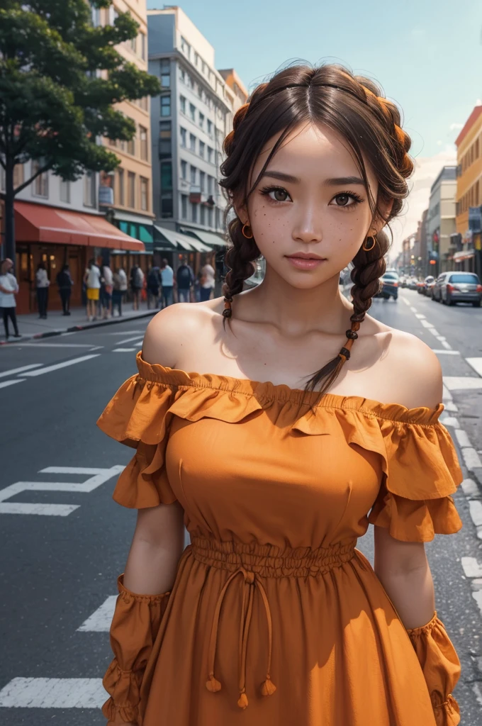 a woman posing on the street corner with orange dress on, best quality, 1girl, large breast, day, bright, blur background, bokeh, outdoor, (street:0.8), (people, crowds:0.8), (off-shoulder dress:1.2), gorgeous, (braided bangs:1.2), beautiful detailed sky, (dynamic pose:1.2), soft lighting, wind, shiny skin, (upper body:0.8), (freckles:0.8), mole under mouth,