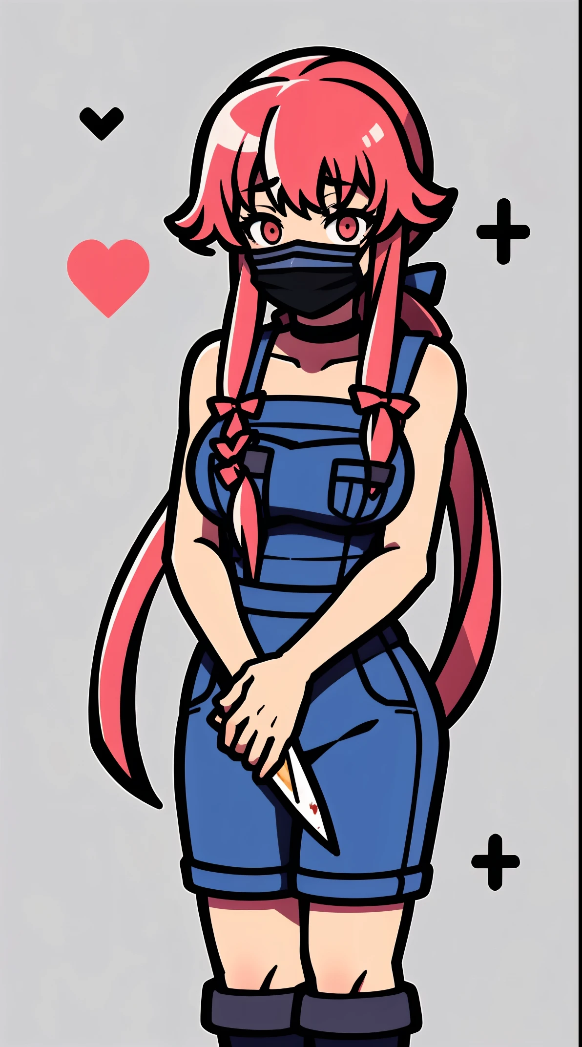 anime_still, masterpiece, best quality, 1girl, Gasai Yuno, long hair, pink hair, low twintails, smile, naked, red eyes, (large breasts:1.5),1girl, black choker, dark grey, (overalls:1.25), leather gloves, black boots, ((nigth:1.5)), (chasing you through the woods BY yuno gasai), moonlight, blood on floor, horror scane, (horror movie post:1.5) (evil eyes:1.6), (horror_movies:1.5), (woods:1.6),(dark:1.7), (out_boorlood on hands:1.5), (blood stain:1.25), (black face mask:1.25)