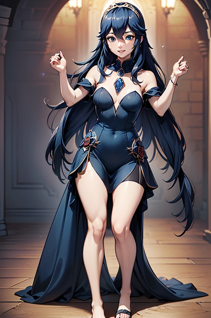 gran calidad ++ Extremely detailed high resolution, very aesthetic, ojos expresivos, (((Cara perfecta))), (((face symmetrical))), ((good anatomy)), (((manos perfectas))), (((8k))), UHD, Fondo de pantalla HD, (((alta calidra detallada, (((1girl))), ((((cuerpo completo)))), emblema de fuego, Emblema de fuego Despertar, (((Lucina))), Lucina Emblema de fuego despertar, (((sosteniendo un ramo de rosas azules))), ((((Midnight blue off-the-shoulder dress that perfectly hugged her slender figure and then descended into a flowy floor-length skirt.)))), (((The sweetheart neckline was adorned with brilliant sapphires in harmony with the jeweled tiara...))), (((Majestic Eveninajestic Castle Ballroom))), (((pechos enormes))), (((Sonrisa inocente))), ((((salulando)))),