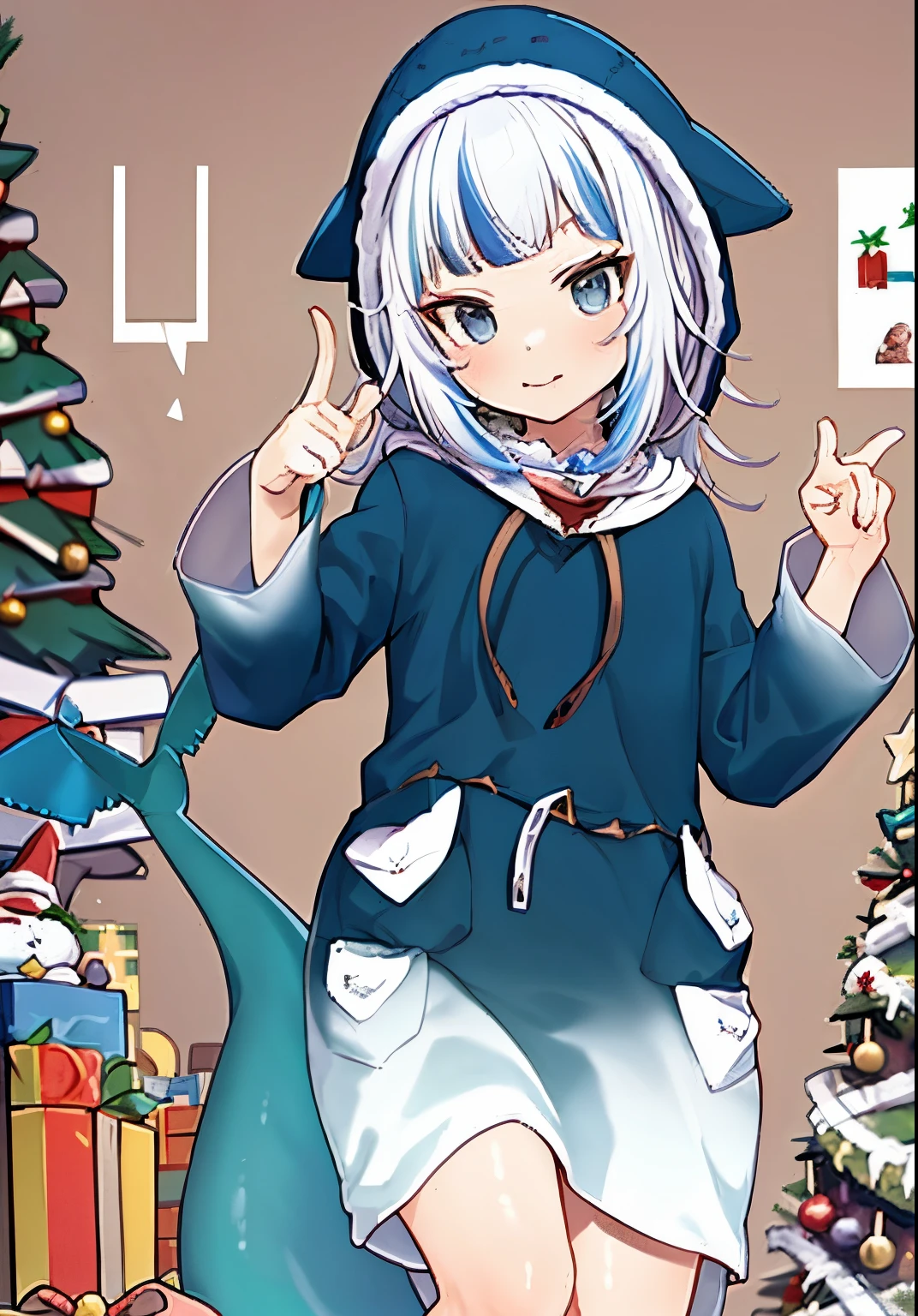 masterpiece, best quality,Gawr Gura, pointing at viewer, Christmas tree in the background, dark red wall
