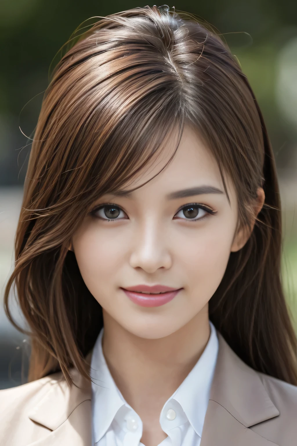 masutepiece, Best Quality, Photorealistic, Ultra-detailed, finely detail, High resolution, 8K Wallpaper, 1 beautiful woman,, light brown messy hair, in a business suit, foco nítido, Perfect dynamic composition, Beautiful detailed eyes, detailed hairs, Detailed realistic skin texture, Smiling, Close-up portrait, Model body type