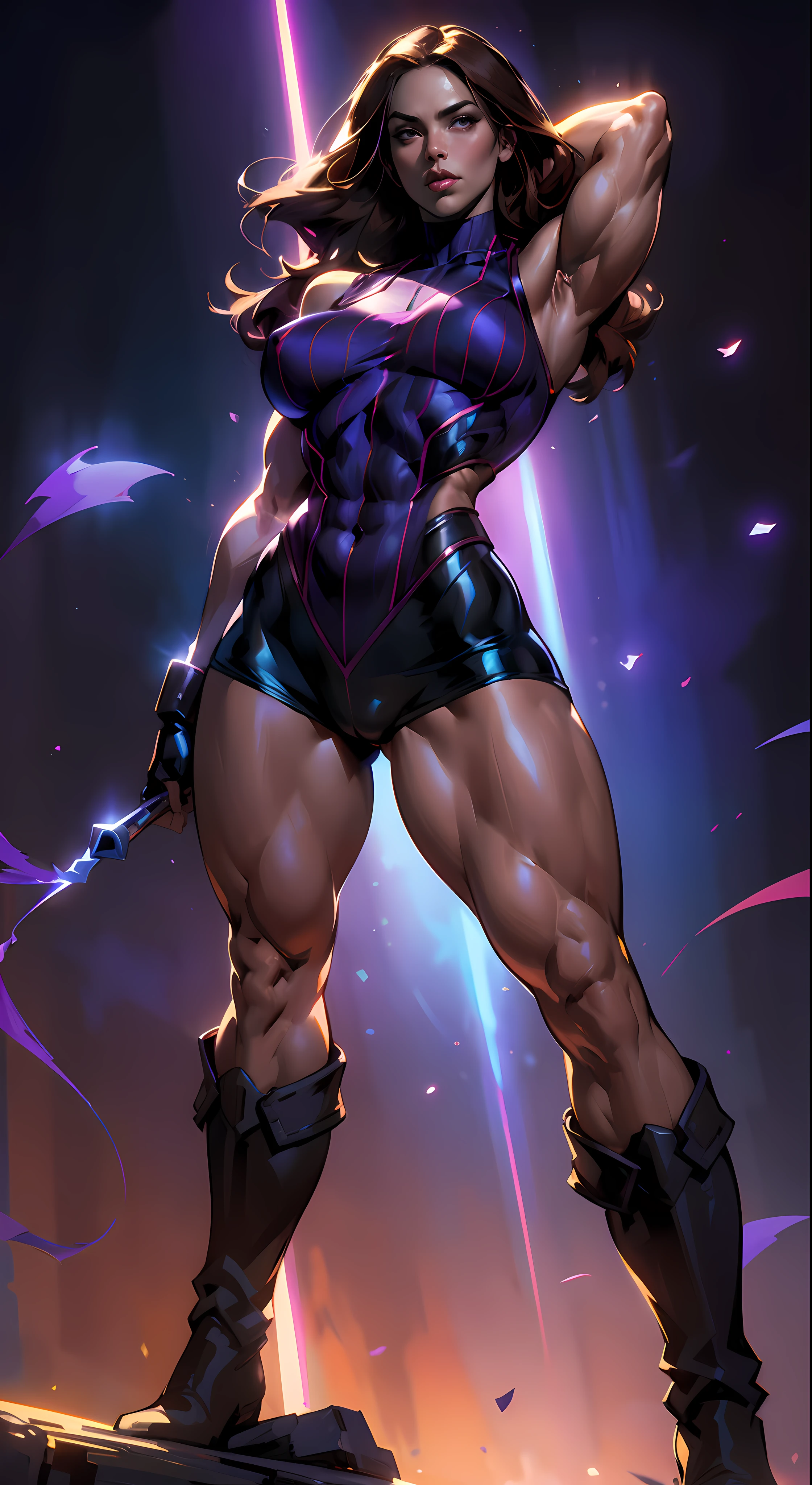 35-year-old woman, (masterpiece), (Best Illustration), high resolution, (muscular thighs: 1.6), (Gigantic Breasts: 1.0), (hanging breasts: 1.5), (wide hips: 1.3), (((no abs))), chubby tummy, soft belly, no pants, cut-off shorts, sleeveless jacket, leotard, boots, bare shoulders, hip dips, long and straight brown Hair, face like Psylocke from X-Men, dark skinned, dynamic angle, vibrant colors, glowing effect, volumetric light, dark background, simple background