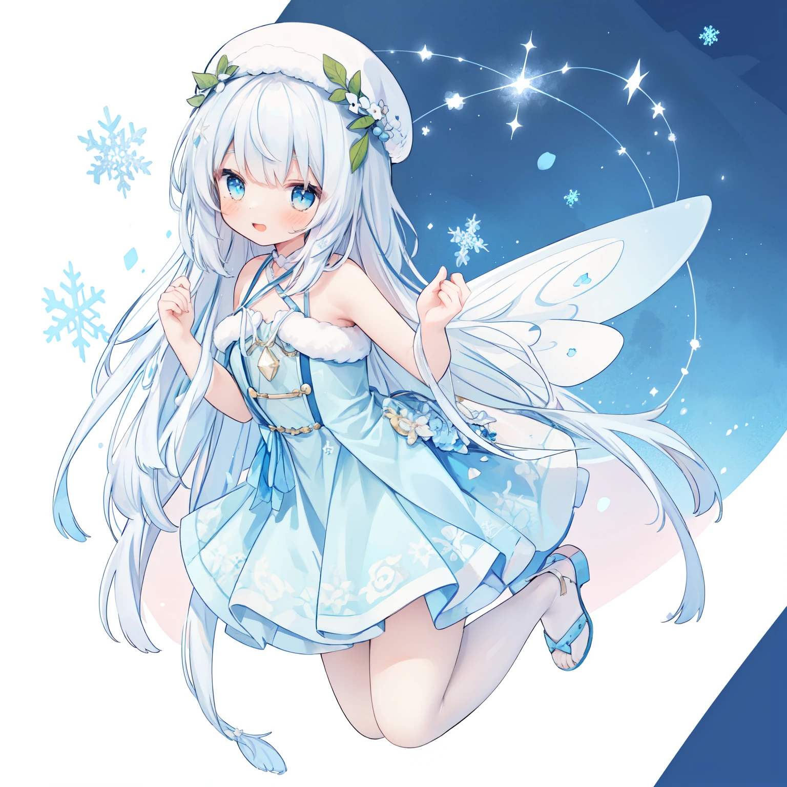 (1girl in:1.8)、(PastelColors:1.3)、(Cute illustration:1.3)、(watercolor paiting:1.1)、(She wears transparent and sparkling crystal wings.。.。.。.。.。.。.。.。.。.。.。.。.。:1.5)、A smile、Hands under the chin、Embarrassed look、
Detailed background、Smile with open mouth、Beautifully detailed、Moya、colourfull、marble、Particles of light、patterns、rightward、Shirayuki Noel、Snowflake、Diamond Dust、White hair、Braid hair:1.1、jumpping、levitation、full bodyesbia、Knitted hats、
Detailed drawing、Vibrant colors、striking contrast、intricate detailes、Delicate depiction、Luminescent、From the side、Beautiful facial features、appropriate color eyes、Wearing intricate and delicate ornaments、glowing aura、Radiant hair,Illuminated by the morning light、winter wreath、Pale light blue background、Fairy with a bouquet Fairy、White hair、jumpping、levitation、full bodyesbiaン、PastelColorsの特大の蝶の羽が付いたjumppingスーツ, Playful ruffles and layers create a whimsical touch, Narrow your waist to create a beautiful silhouette, something that wears a wreath decorated with flowers, I tied a ribbon to my braided hair............:1.3....., Lace-up sandals or ballet shoes with ribbon ties, Moist makeup with pastel eyeshadow, Add glitter and petal accents to the cheeks,Thick wool gown:0.4