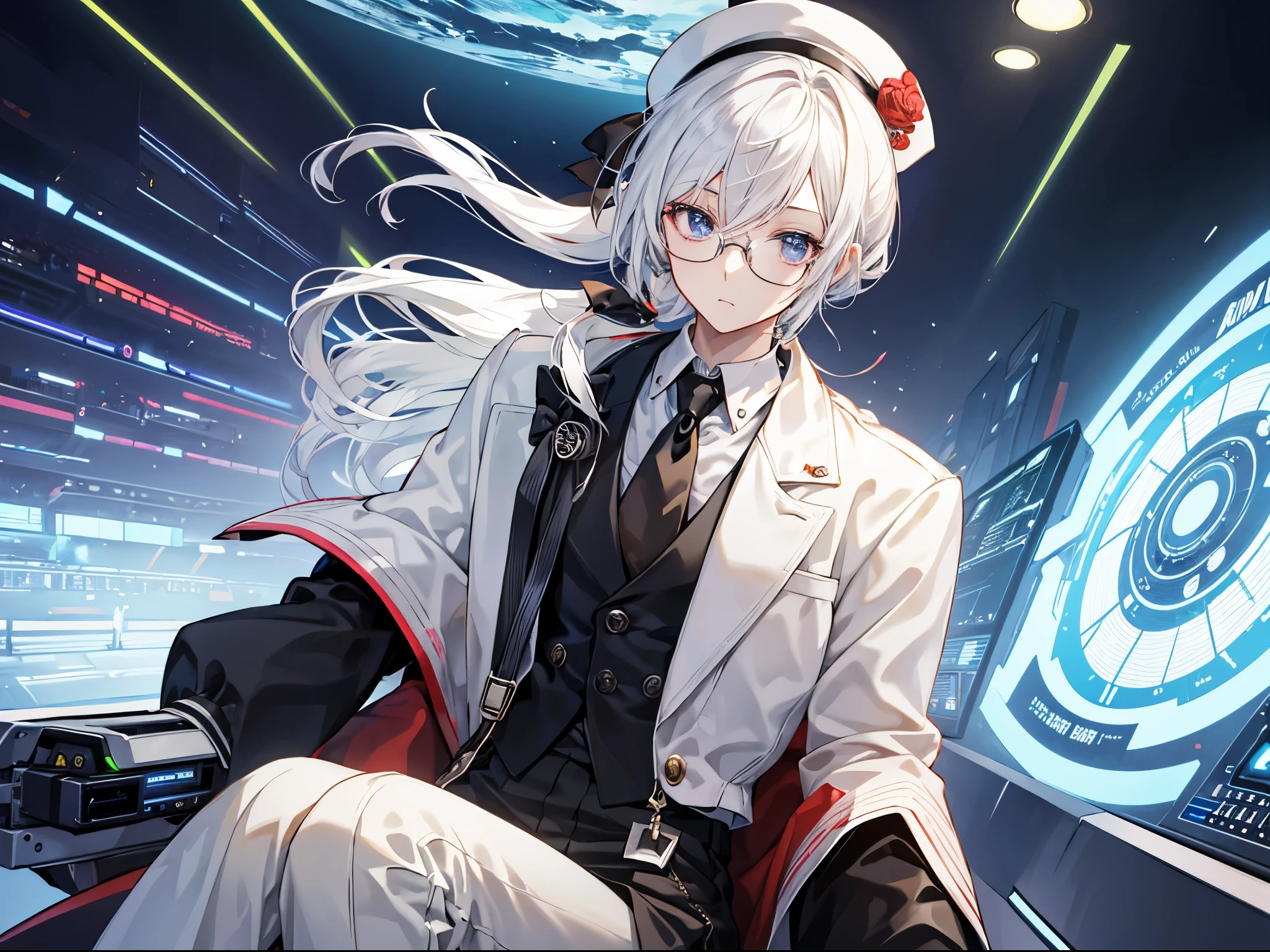 (masutepiece)(high-detail)20s male android、Male Solo、white hair、poneyTail、Hats、tailcoat、neck tie、He wears round glasses with no rims(Eyes closed)、sitting on a chair that looks like a large machine(middle)、Chairs are connected by multiple cables(Connected to a machine like an external hard disk)、Background with(An electronic world that feels like science fiction、Virtual space、near future)