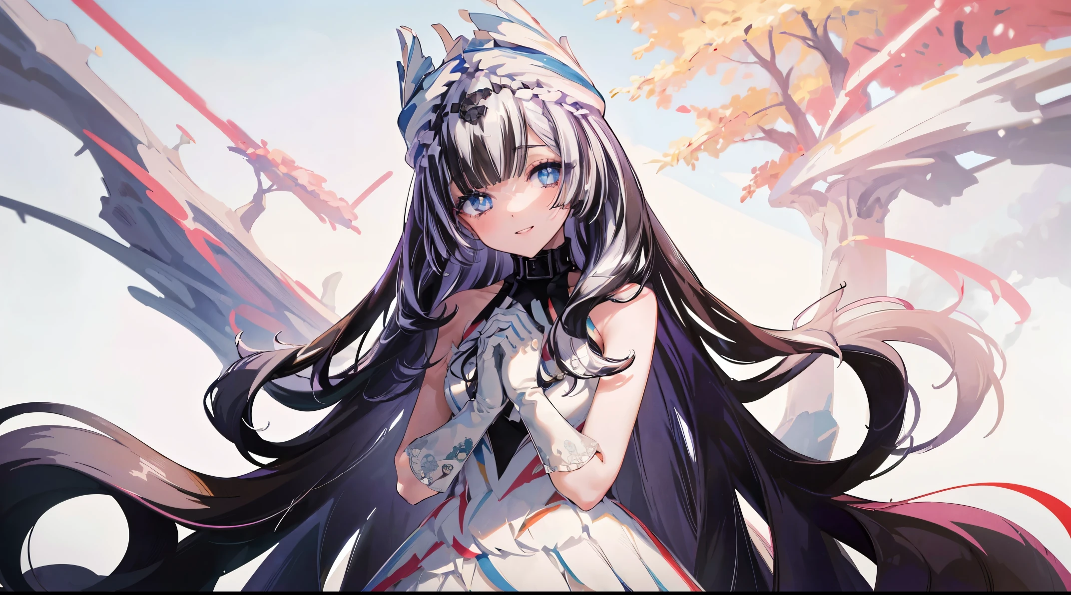 (((4k, masterpiece, top-quality))) ,8k, best quality, (((piano))), high resolution, HD, unity 8k wallpaper, (((illustration:0.8))), (((beautiful detailed eyes:1.6))), extremely detailed face, perfect lighting, extremely detailed CG, (perfect hands, perfect anatomy), veyle_engage, dress, white dress, 1girl, solo, gloves, smile, white gloves, purple eyes, looking at viewer, black hair, dress, long hair, white dress, own hands together, bangs, bare shoulders, multicolored hair, blush, stuffed toy, smile, stuffed animal, very long hair, dress,