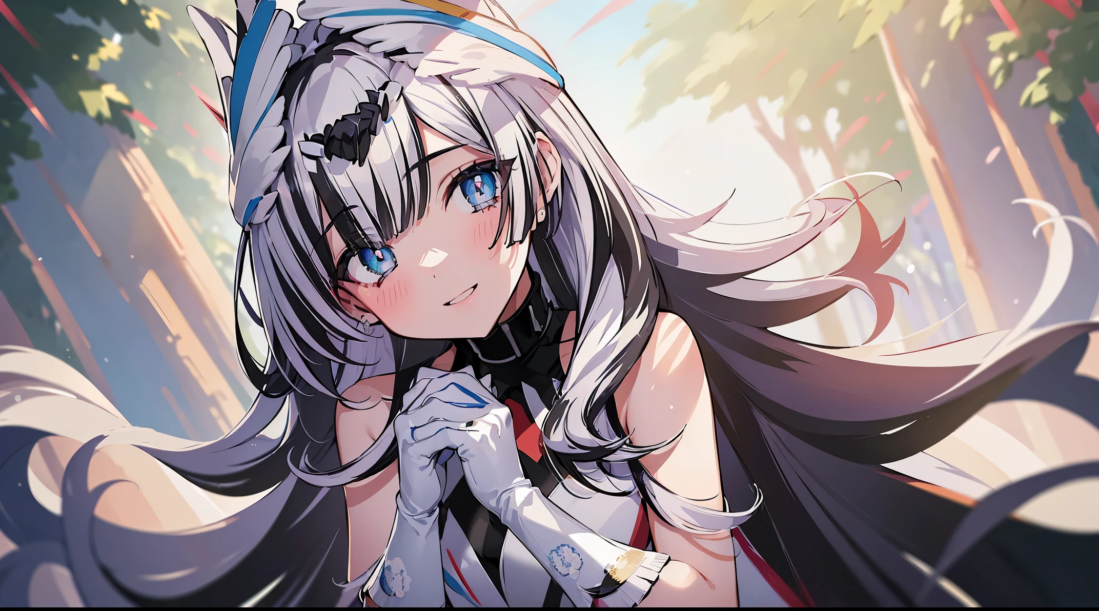 (((4k, masterpiece, top-quality))) ,8k, best quality, (((piano))), high resolution, HD, unity 8k wallpaper, (((illustration:0.8))), (((beautiful detailed eyes:1.6))), extremely detailed face, perfect lighting, extremely detailed CG, (perfect hands, perfect anatomy), veyle_engage, dress, white dress, 1girl, solo, gloves, smile, white gloves, purple eyes, looking at viewer, black hair, dress, long hair, white dress, own hands together, bangs, bare shoulders, multicolored hair, blush