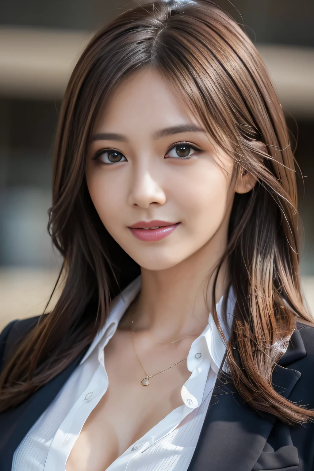 masutepiece, Best Quality, Photorealistic, Ultra-detailed, finely detail, High resolution, 8K Wallpaper, 1 beautiful woman,, light brown messy hair, in a business suit, foco nítido, Perfect dynamic composition, Beautiful detailed eyes, detailed hairs, Detailed realistic skin texture, Smiling, Close-up portrait, Model body type
