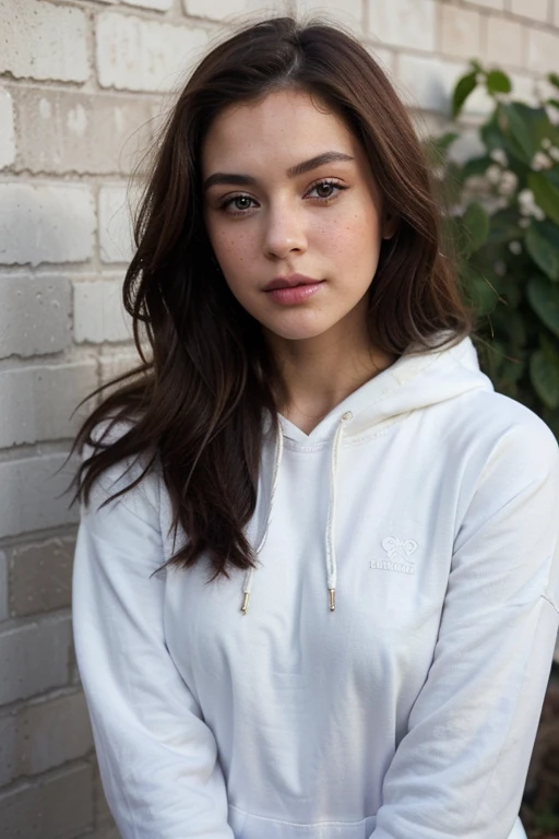 ((best quality)), ((masterpiece)), (detailed), perfect face realistic photo of beautiful woman with very long dark brown hair, Russian, influencer, light freckles, dark brown eyes, big lips, no makeup, insagram, posing nex to white brick wall in overaized black hoodie