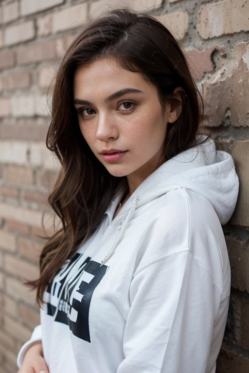 ((best quality)), ((masterpiece)), (detailed), perfect face realistic photo of beautiful woman with very long dark brown hair, Russian, influencer, light freckles, dark brown eyes, big lips, no makeup, insagram, posing nex to white brick wall in overaized black hoodie