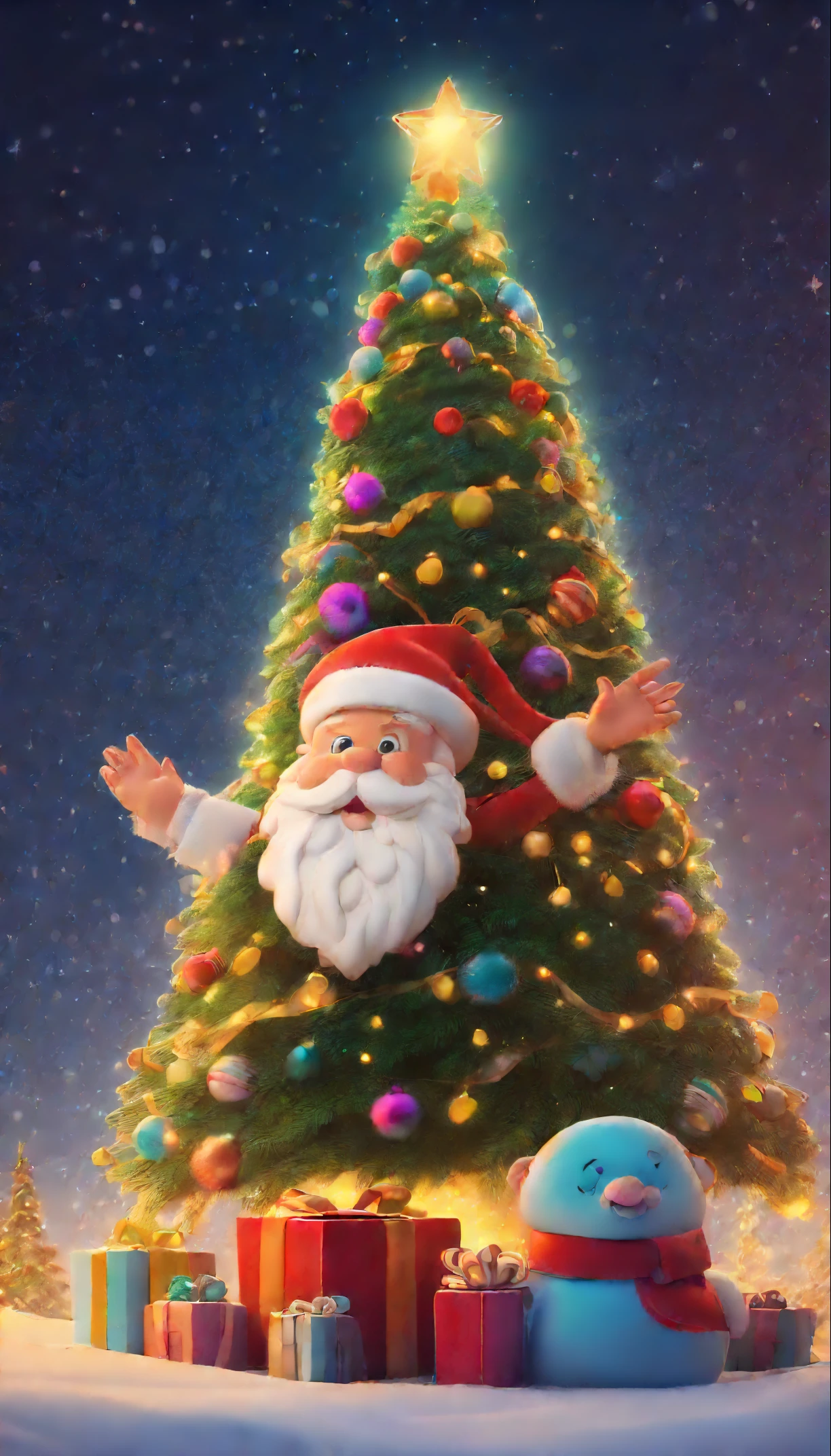 3d rendered, christmas eve scene, There is a big Christmas tree in the middle of the poster, decorated with colorful lights, sky star curtain, gift box on the snow. Cute and gentle Santa Claus with a gift, warm yellow background and bright night