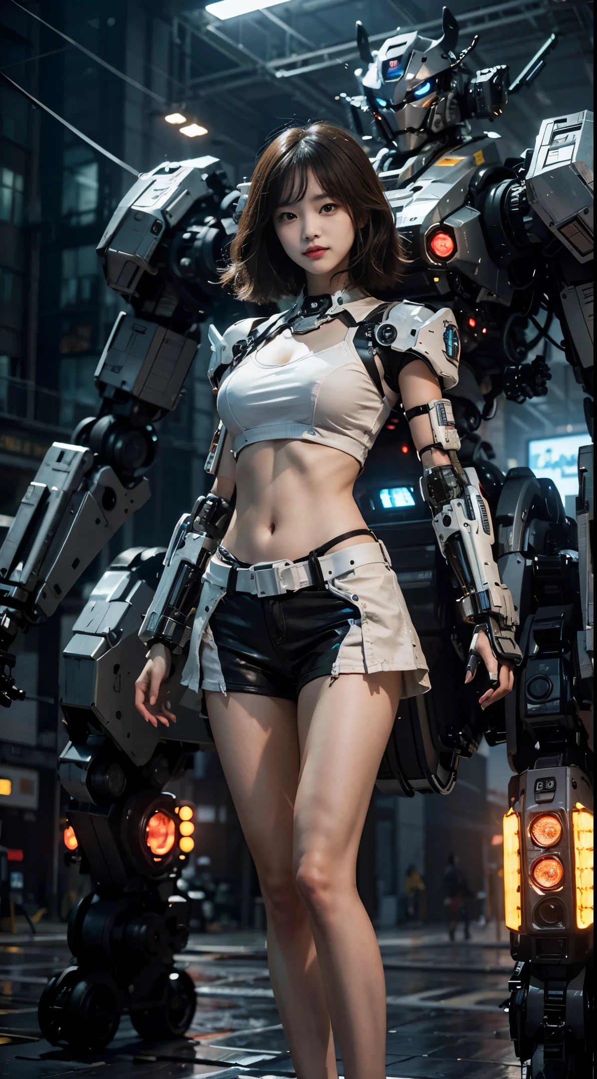 young girl wearing mecha armor with lace lingerie. pink hair, blue eyes, giving battle aura, golden aura emitting, fighting pose, gold belly jewelry, in outdoor beach, (lilymaymac:1.5), petite, flat chest, ((bodygold jewelry:1.1)), gold necklace, heart tattoo on belly button, ((SFW:1.5)), kind smile, side view