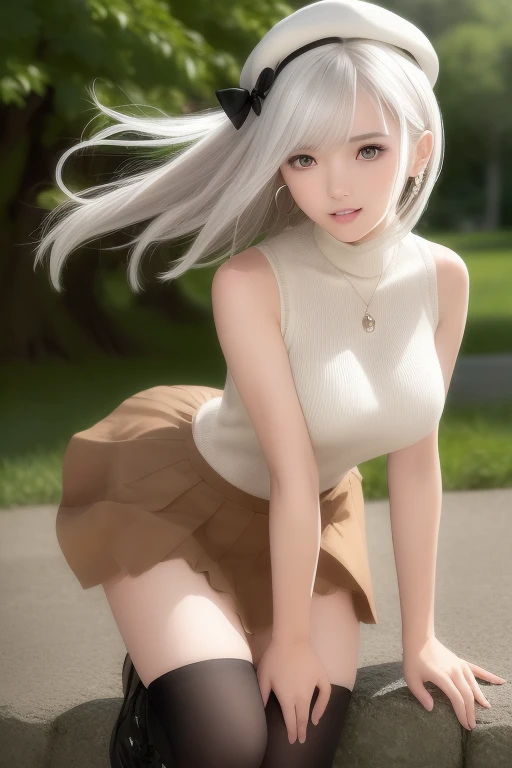 (Short flowy haircut) ,(((chestnut brown eye colour))), cute medium side bangs, (((white hair))), blooming cherry tree at the center of the background, ultra detailed, young Japanese woman , wearing simple earrings and necklace, ((wearing thigh strap)), beautiful face, ((wearing a black sleeveless turtleneck cotton sweater)), ((waist-high pleated skirt)), ((hair flowing beautifully in the wind)) , perfect smooth legs, (((knees pointing inwards))), (((contrast rich rim lighting from both sides))) , ((very short red finger nail polish)), (laced up boots) , (realistic eyes) , (firm large sized breasts) , thick calves, correct anatomy, tony taka art style, (cherry petals flying in the air by a soft breeze),ultra wide angle view, ((cinematic depth of field)), bokeh particles, (((crossed arms))), (cute smiling face), (((leaning forwards))), wearing a cute beret with a cute bow, soft lips, perfect teeth, hands on chest