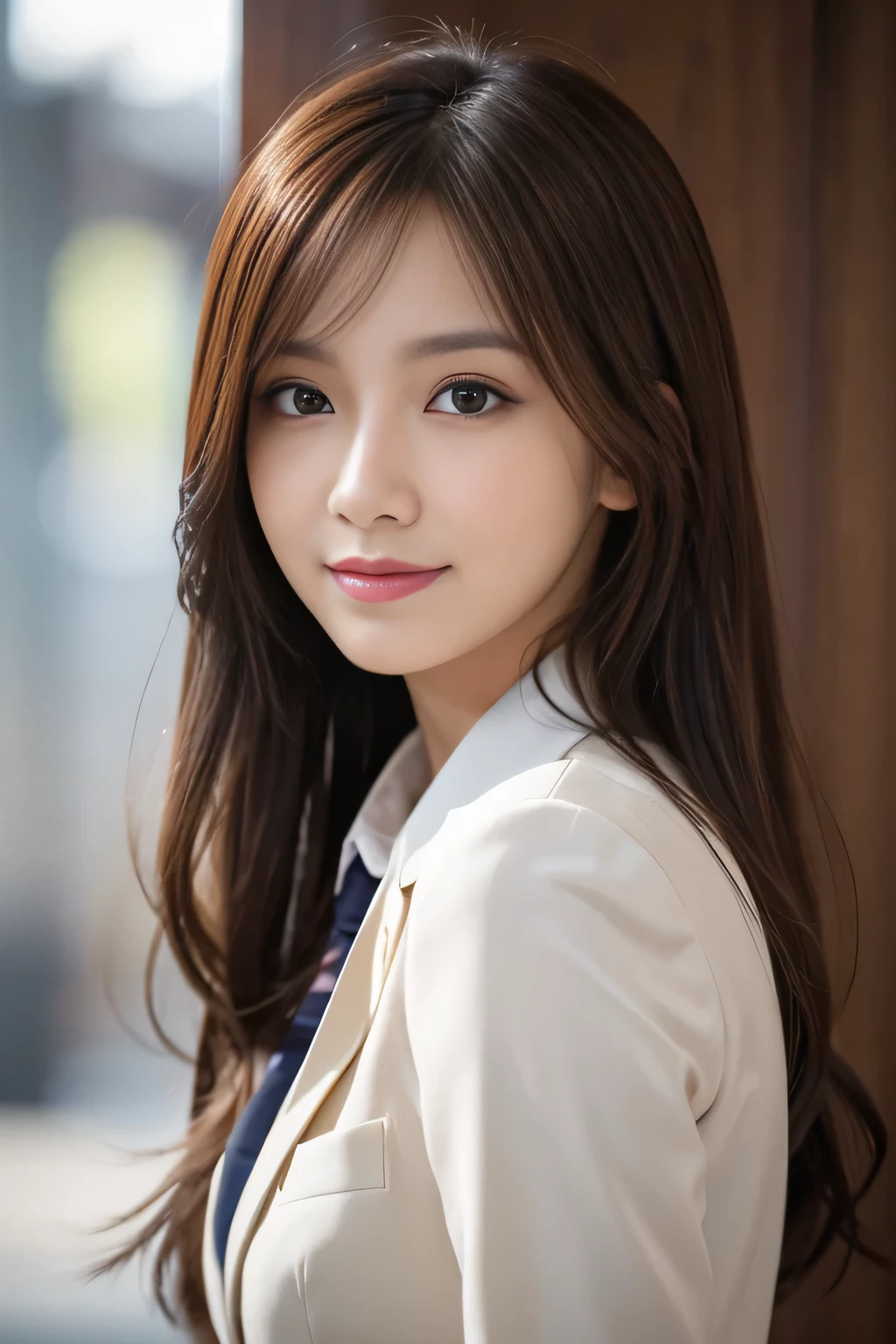 masutepiece, Best Quality, Photorealistic, Ultra-detailed, finely detail, High resolution, 8K Wallpaper, 1 beautiful woman,, light brown messy hair, in a business suit, foco nítido, Perfect dynamic composition, Beautiful detailed eyes, detailed hairs, Detailed realistic skin texture, Smiling, Close-up portrait, Model body type