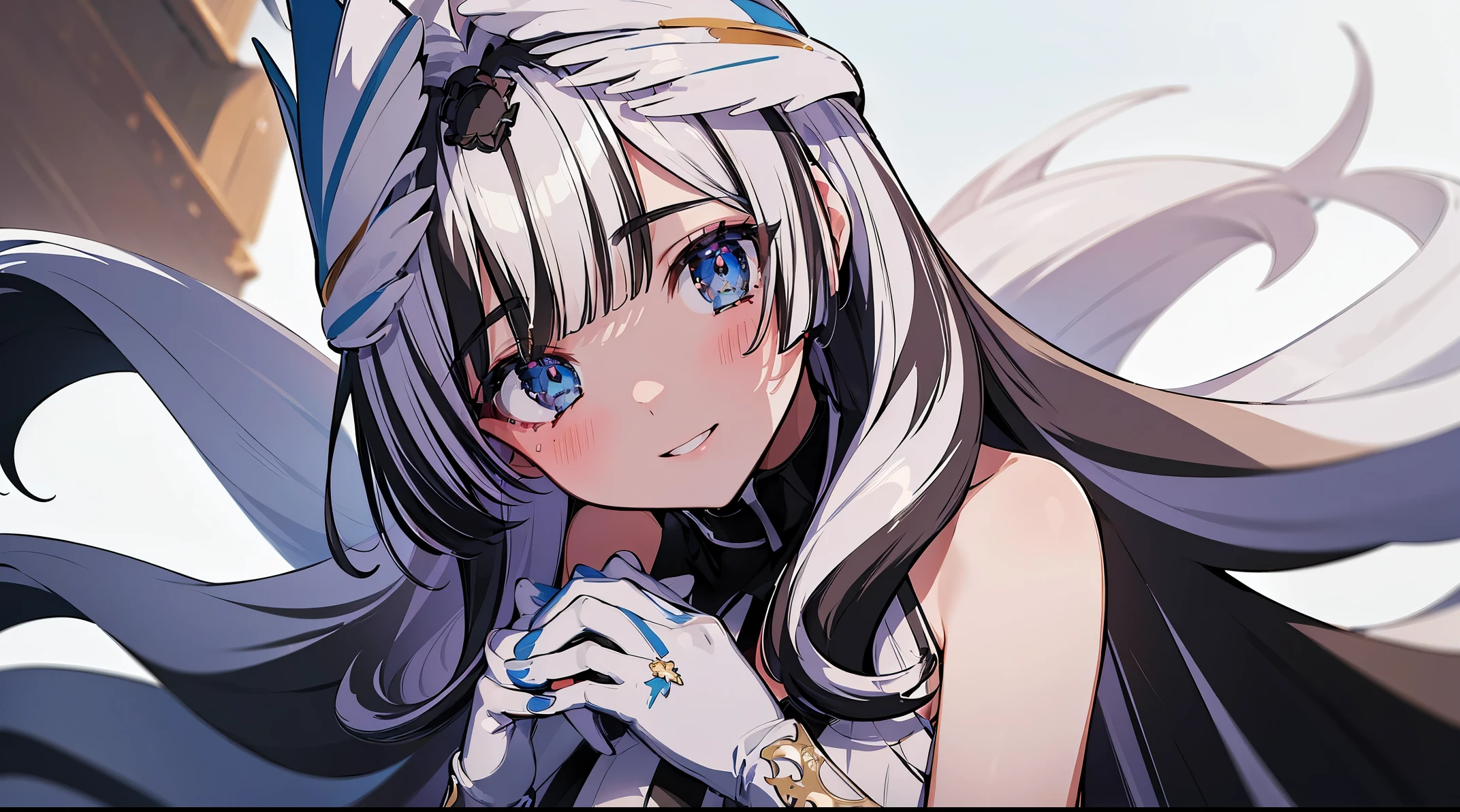 (((4k, masterpiece, top-quality))) ,8k, best quality, (((piano))), high resolution, HD, unity 8k wallpaper, (((illustration:0.8))), (((beautiful detailed eyes:1.6))), extremely detailed face, perfect lighting, extremely detailed CG, (perfect hands, perfect anatomy), veyle_engage, dress, white dress, 1girl, solo, gloves, smile, white gloves, purple eyes, looking at viewer, black hair, dress, long hair, white dress, own hands together, bangs, bare shoulders, multicolored hair, blush