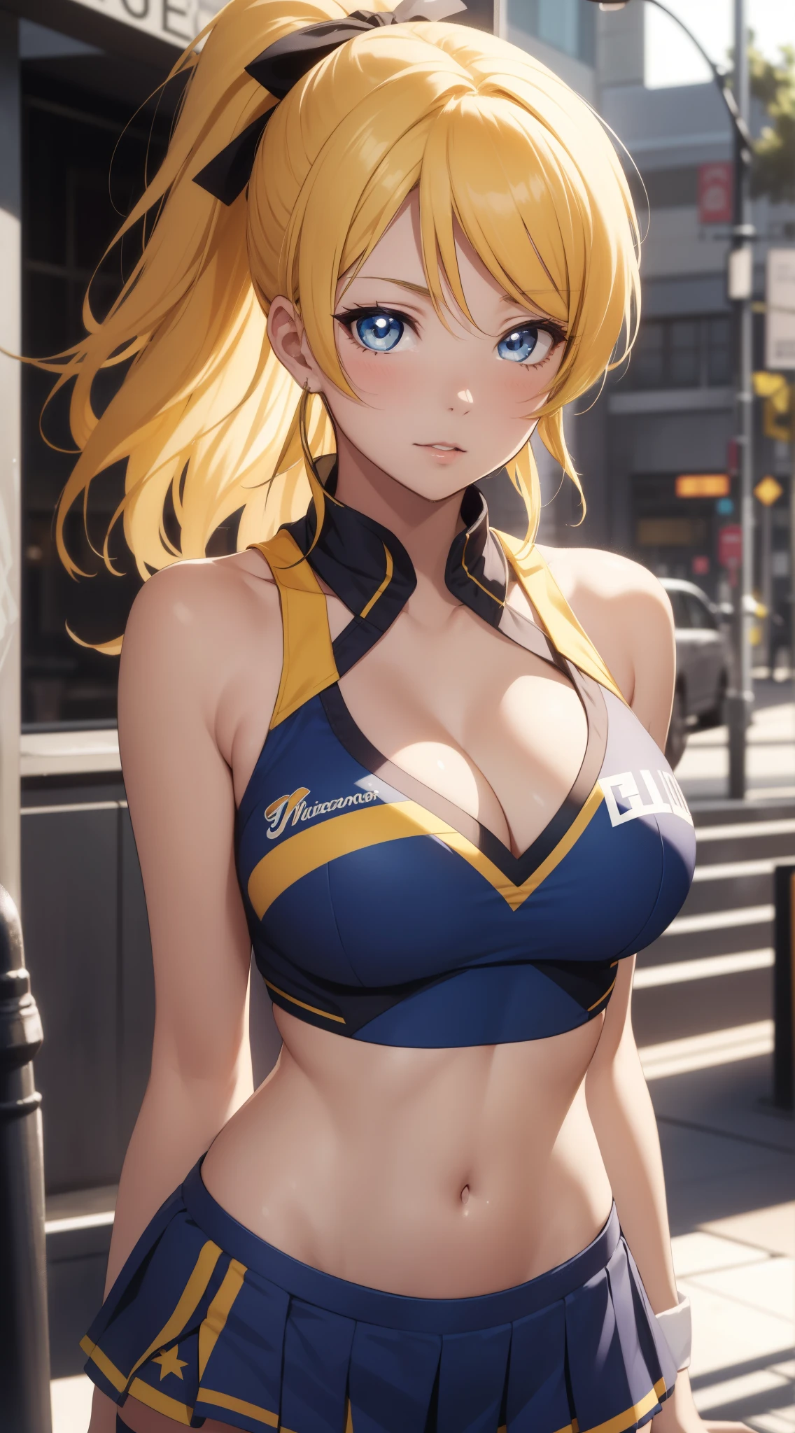 eliayase, eli ayase, yellow hair, blue eyes, ponytail, hair ribbon, masterpiece, best quality, high resolution, unity 8k wallpaper, illustration, beautiful detailed eyes, blush, glossy lips, lips parted, perfect lighting, extremely detailed CG, perfect anatomy, cheerleader, midriff, cleavage