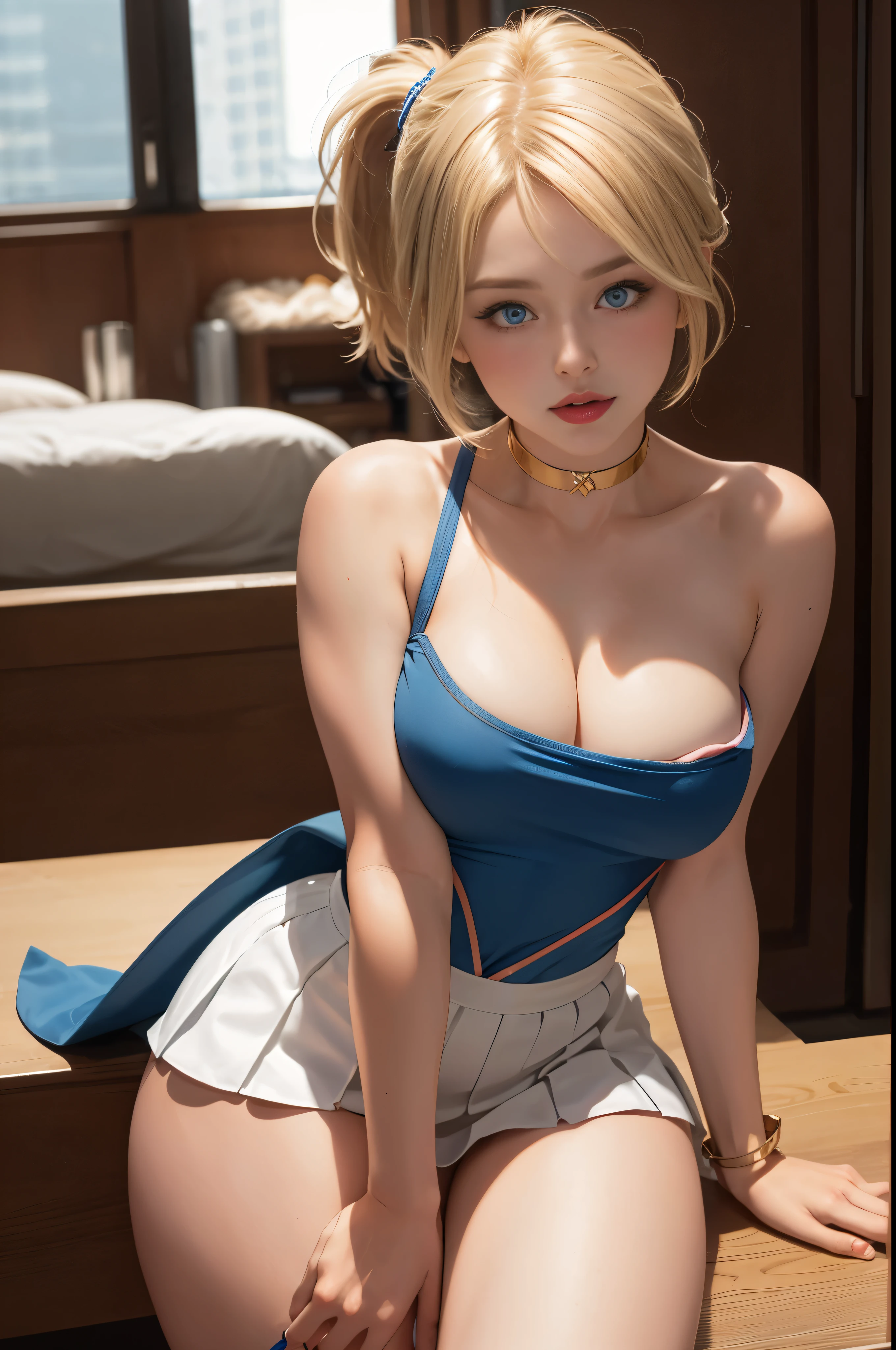 4k, realistic, charismatic, very detailed, there is a girl in the sky, dressed in a super girl costume, she is a super girl, superhero theme, blonde short hair, ponytail, 20 years, full body, (detail in the eyes), (detail in the face), incredibly beautiful, blue eyes, blush, makeup, red lipstick, miniskirt, (wide hips), (thick thighs), small breasts, dress,, seductive pose, (extreme hourglass figure), thin, svelte, white skirt, boots, tight t-shirt