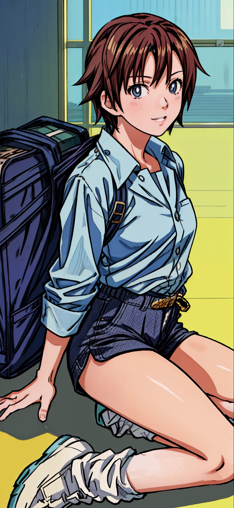Momoko Koigakubo, a tall girl with beautiful legs, is wearing white gym clothes and light navy blue bloomers that look like panties, and is standing facing the viewer with her legs spread to the sides and her mouth open.。Doing Comanechi pose。blush。