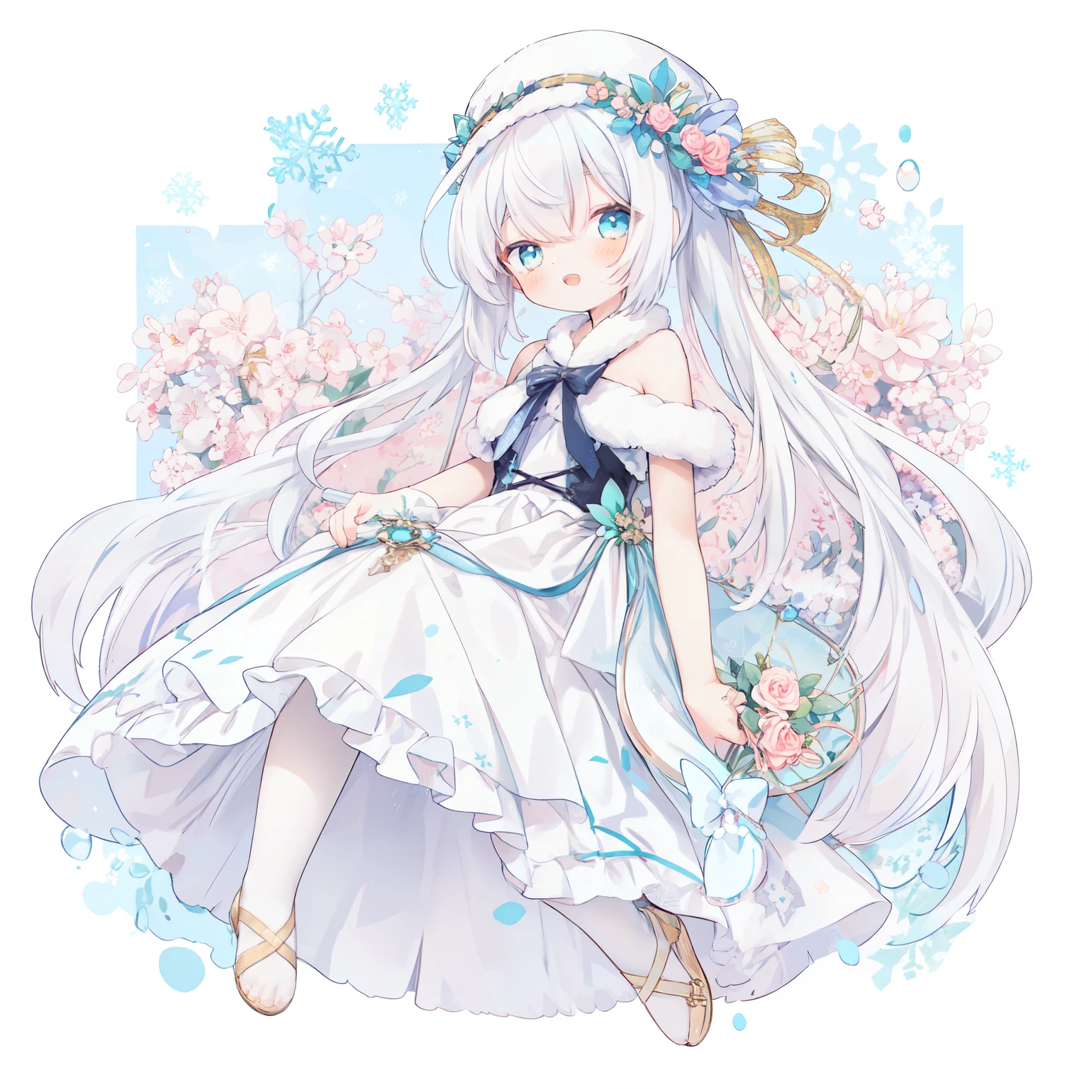 (1girl in:1.8)、(PastelColors:1.3)、(Cute illustration:1.3)、(watercolor paiting:1.1)、(She wears transparent and sparkling crystal wings.。.。.。.。.。.。.。.。.。.。.。.。.。.。:1.5)、A smile、Hands under the chin、Embarrassed look、
Detailed background、Smile with open mouth、Beautifully detailed、Moya、colourfull、marble、Particles of light、patterns、rightward、Shirayuki Noel、Snowflake、Diamond Dust、White hair、Braid hair:1.1、jumpping、levitation、full bodyesbia、Knitted hats、
Detailed drawing、Vibrant colors、striking contrast、intricate detailes、Delicate depiction、Luminescent、From the side、Beautiful facial features、appropriate color eyes、Wearing intricate and delicate ornaments、glowing aura、Radiant hair,Illuminated by the morning light、winter wreath、Pale light blue background、Fairy with a bouquet Fairy、White hair、jumpping、levitation、full bodyesbiaン、PastelColorsの特大の蝶の羽が付いたjumppingスーツ, Playful ruffles and layers create a whimsical touch, Narrow your waist to create a beautiful silhouette, something that wears a wreath decorated with flowers, I tied a ribbon to my braided hair.............:1.3....., Lace-up sandals or ballet shoes with ribbon ties, Moist makeup with pastel eyeshadow, Add glitter and petal accents to the cheeks,Thick wool gown:0.35