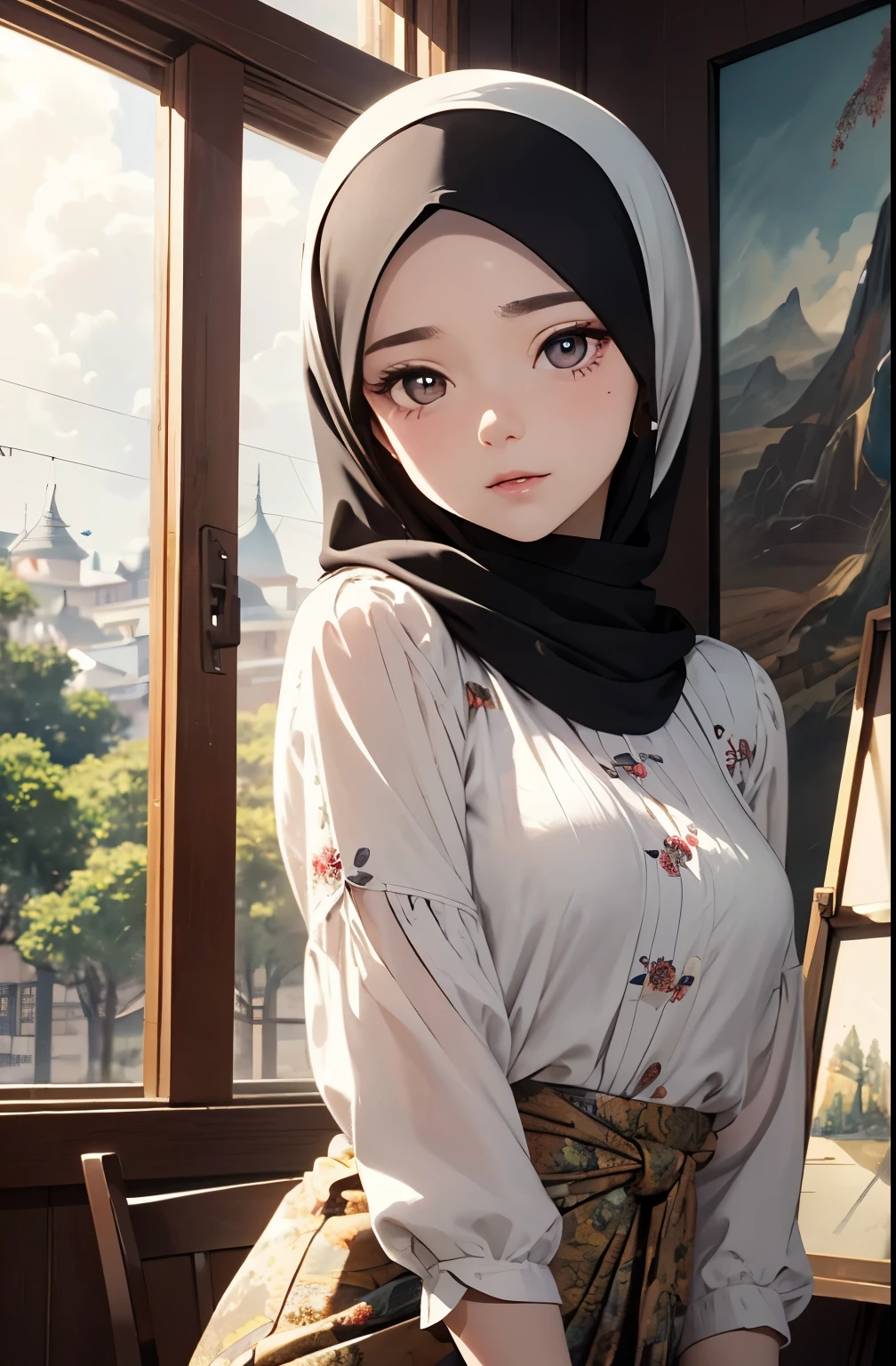 (Close-up of the painting style，Ultra HD 8K，Masterpiece grade CG wallpaper)，Cinematic lighting，cute girly，Delicate and beautiful face，Dreamy pupils，Wearing a small floral blouse，bound waist,hijabi,Bust poem,Sit，Cloudy background,the trees,florals,夏天,Chinese style buildings。