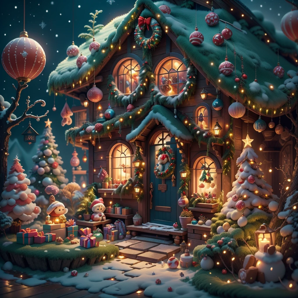 (tmasterpiece),(ultra - detailed:1.3),(Close-up: 1.8), Best quality,(Sparkling:1.2),(Christmas courtyard in a dreamy fairy tale:1.6),(梵高风格的门上圣诞decorationlower ring: 1.8),(themoon),(((Delicious candies in front of the door,Christmas tree, gifts, Christmas stockings, cute gingerbread man,chocolate house splash)), Illustration style, decorations, Fantasy Christmas small courtyard, Lovely design style, natta,yuki,moon full,vivd colour、 ((Whimsical and charming fantasy)), Surreal portrait, (Fantasy themed Christmas cabin), (Whimsical Christmas Accessories), (Colorful, Landscape full of candy), (enchanting, 神奇的Christmas tree), (A vibrant one, Candy-colored courtyard), (Candy Road), (Candy Cottage) in distance, (Like a mirror, 不对称tmasterpiece钟表配件), (Rich, fantasticcolors), (Twinkling stars) Elevated, (four dimensional dream), (Charming and charming atmosphere), (Playful composition), (Vivid lighting effects), 1.4x more realism,hyper HD,Shown in this beautiful scene,(Very meticulous,Reasonable design,Clear lines,High- sharpness,tmasterpiece,offcial art,movie light effect,8K)