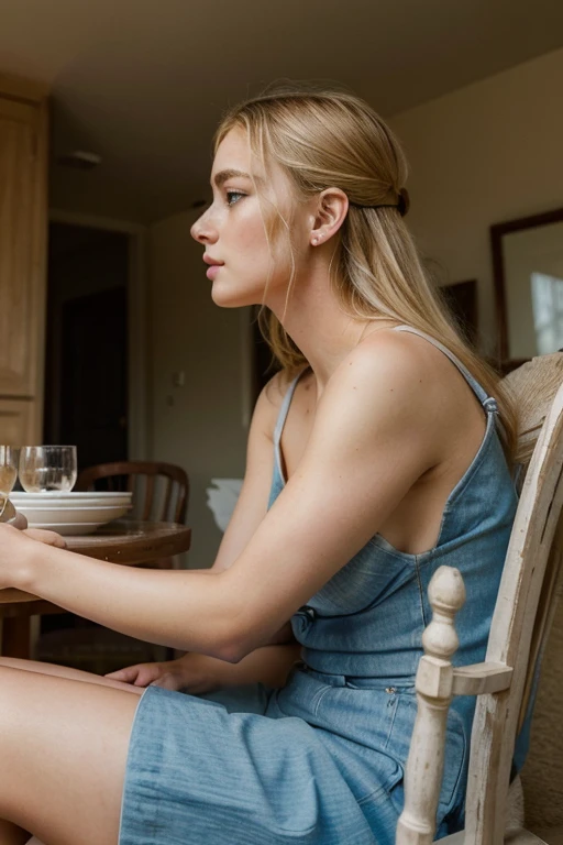 ((best quality)), ((masterpiece)), (detailed), ((realistic)), 24 years old woman, blonde chair, calm face, candid celebrity shots, delicate facial features, blue eyes, front profile, 90f cup size, dressed
