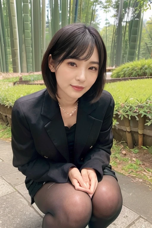 ((1人の女性,The most beautiful faces in Japan,40 years,Old face,A MILF,There are wrinkles at the corners of the eyes,a park,Shot up close,Looking at the camera,View here)),((((Black shirt,Black suit jacket,Black skirt)))),((pearls necklace,Classy hairstyle,natural make up,The chest is very bulging,Smile here,Lowered eyebrows,drooping eyebrows,Staring at them with an adorable expression,stand in front of a bamboo forest,Wearing black high heels,Looking at the camera,look at a camera,Take a photo above from your lap)),((Turn to this,View here,Perfect fingers,perfect arms,细致背景,top-quality,The ultra -The high-definition,Perfect Anatomy,high-definition RAW color photography,professional photograpy, extremely delicate and beautiful, Extremely detailed,finely detail, Huge file size,Top image quality,8K,Award-Winning Works,masutepiece)),(((Black pantyhose:1.3,Her pantyhose is transparent and her thighs are visible..........))),(remote Play:1.5), remote_vibrating,